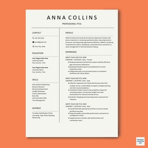 Peut inclure: Un modèle de CV professionnel avec le nom "ANNA COLLINS" en haut. Le CV comprend des sections pour les coordonnées, l'éducation, les compétences et l'expérience, avec un résumé de profil et des détails des rôles passés.