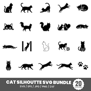 Peut inclure: Une collection de 20 silhouettes de chats noirs dans diverses positions, incluant assis, marchant, s'étirant, sautant, dormant et jouant avec une pelote de laine, avec des empreintes de pattes et le texte CAT SILHOUTTE SVG BUNDLE.