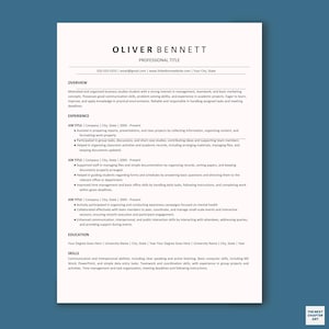 May include: A resume template with the name "OLIVER BENNETT" at the top. The resume includes sections for overview, experience, education, and skills. The text is black on a white background, with a simple, professional design.