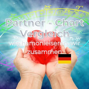 Könnte beinhalten: Digitales Kunstbild mit einem roten Herzen, das in geformten Händen vor einem himmlischen Hintergrund mit astrologischen Symbolen gehalten wird. Deutscher Text lautet "Partner - Chart Vergleich" und "wie harmonieiseren wir zusammen". Eine deutsche Flagge ist ebenfalls vorhanden.
