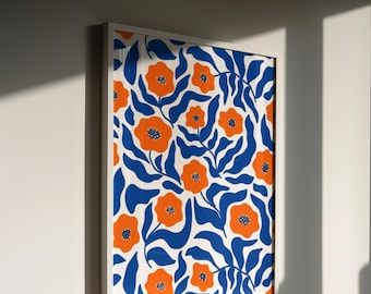 Oranje bloemen muurdecoratie, blauwe botanische print, moderne bloemenposter, retro bloemendecoratie, kleurrijke keukenkunst, printbare galerij muurdecoratie