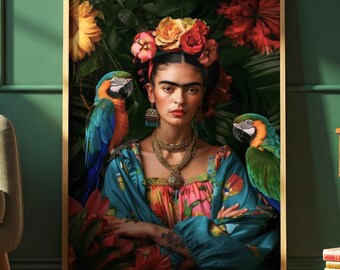 Tropische vrouw muurdecoratie, kleurrijk botanisch portret, poster van een exotische vogel, bloemrijke vrouwelijke decoratie, jungle kunstprint, maximalistische woondecoratie