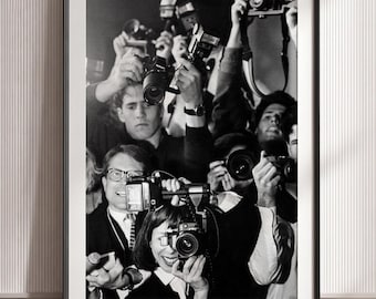 Vintage fotografie muurkunst print, poster fotojournalist, zwart-wit camerakunstwerk, decor creatieve studio, mediamuurkunst