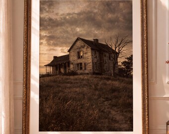 Arte de parede de Halloween, pôster de casa assombrada, decoração de fazenda gótica, impressão de casa antiga assustadora, paisagem escura de outono, arte de parede para casa assombrada