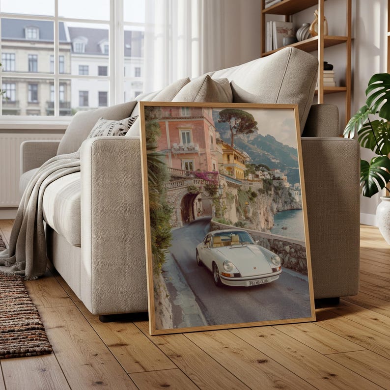 Classic Sports Car Wall Art, Italian Riviera Coastal Print, Mediterranean Luxury Decor, Vintage Coupe Poster, Old Money Travel Aesthetic image 5