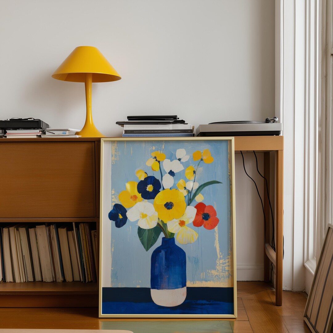 Colorful Floral Wall Art, Blue Vase Flower Print, Bold Botanical Poster ...