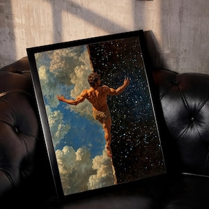 May include: Framed art print featuring a muscular figure with arms outstretched, poised between a daytime sky with clouds and a starry night. The artwork is set in a black frame, creating a striking contrast.