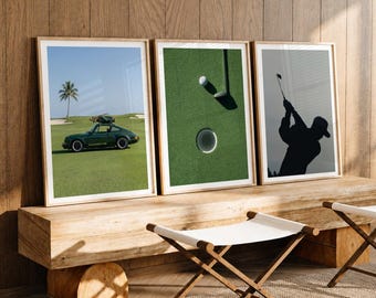 Conjunto de Arte de Parede para Golfe, Decoração para Campo de Golfe, Pôster Vintage de Carro Esportivo, Presente para Amantes de Golfe, Arte de Luxo para Clube de Golfe, Decoração Verde para Quarto com Tema de Golfe