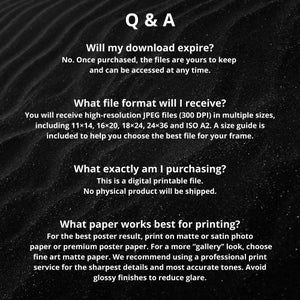 May include: A black informational graphic with white text titled Q & A. It explains that digital files do not expire, lists JPEG formats in 11x14, 16x20, 18x24, 24x36, and ISO A2 sizes, confirms no physical product is shipped, and suggests printing on matte or satin paper.