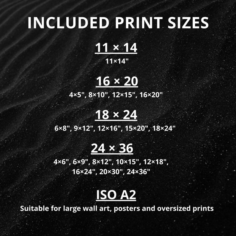 May include: A black background with white text listing included print sizes: 11x14, 16x20, 18x24, 24x36, and ISO A2. The text details various aspect ratios and dimensions in inches for each category, noting suitability for large wall art and posters.