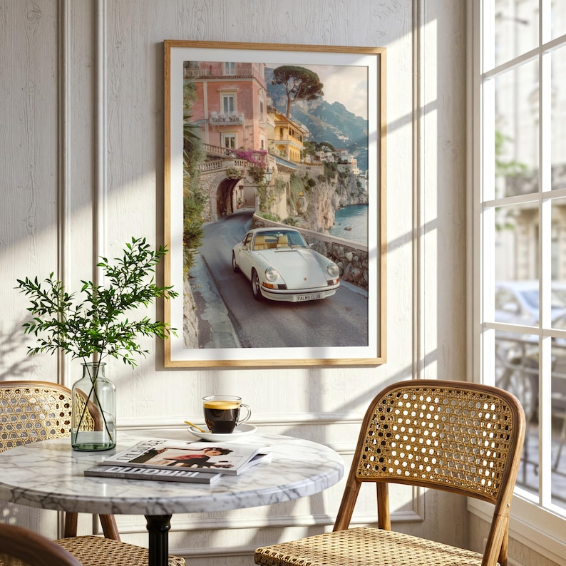 Classic Sports Car Wall Art, Italian Riviera Coastal Print, Mediterranean Luxury Decor, Vintage Coupe Poster, Old Money Travel Aesthetic image 4