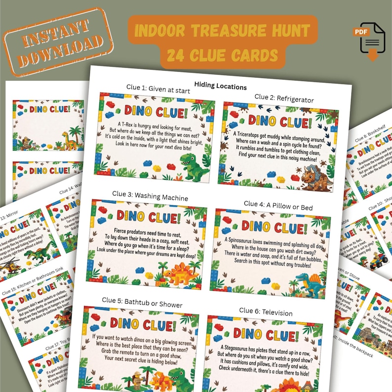 Printable Dinosaur Treasure Hunt Game, 24 Brick Dino Indoor Scavenger ...