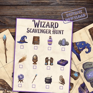 May include: A Wizard Scavenger Hunt game sheet featuring a grid of twelve illustrated items including a blue wizard hat, spellbook, potion bottle, runestones, feather, dragon egg, gloves, robe, crystal ball, staff, cauldron, and an owl.