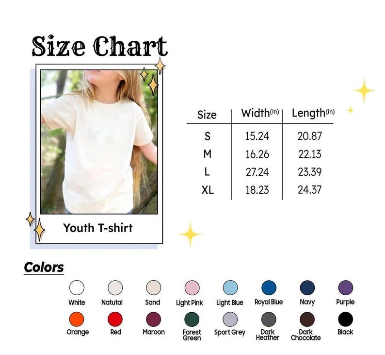 May include: A size chart for youth t-shirts, with measurements in inches. The chart includes sizes S, M, L, and XL, with corresponding width and length dimensions. A color palette is also displayed, featuring various colors like white, orange, and navy.
