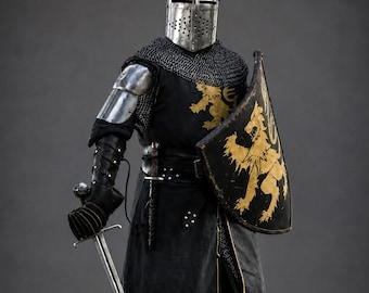 Medieval Knight Costume With Shield - Yellow Crusader Outfit With Shield - Blackened Historical Cloak - Perfect For LARP Cosplay Costume