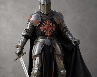 Templar Knight Armor Full Suit | Medieval Crusader Costume with Red Cross | Steel Armor Set | LARP Cosplay Outfit | Knight Display Armor