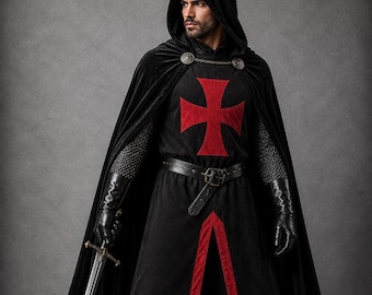 Templar Knight Costume With black Cloak - Red Cross Crusader Outfit - Hooded Cape Historical Suit - Perfect For LARP Cosplay Costume