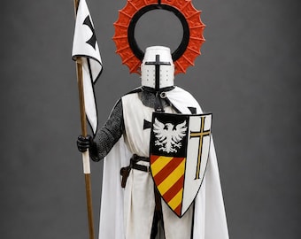 Medieval Knight White Templar Armor - Armor With Red Wings Helmet - White Cloak With Black Cross - Perfect For LARP Cosplay Costume