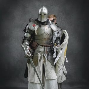 May include: A complete set of medieval armour, including a helmet, chest plate, and leg guards. The silver-coloured armour features detailed craftsmanship and is worn with a white tunic and black boots. A sword is held in the right hand.
