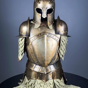 May include: A bronze-colored suit of armor with a helmet featuring multiple spikes. The breastplate and shoulder guards are riveted and detailed. The armor includes a skirt of overlapping, scale-like pieces.