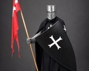 Medieval Knight Templar Costume With Shield - White Cross Crusader Outfit - Blackened Historical Cloak - Perfect For LARP Cosplay Costume