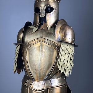 May include: A bronze-colored suit of armor with a helmet featuring pointed horns and eye openings. The chest plate has an embossed design, and the shoulders and arms are protected by articulated plates. The armor includes layered, scale-like elements.