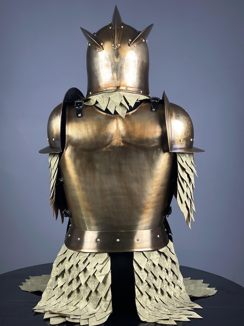 May include: A bronze-colored suit of armor, featuring a helmet with pointed crests and shoulder guards. The breastplate and backplate are smooth, with decorative elements resembling feathers or scales. The armor is designed to cover the torso and shoulders.