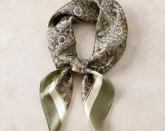 Olive Green Silk Square Scarf, Satin Bandana Hair Tie, Elegant Headscarf Head Wrap