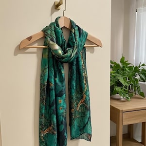 Emerald Green Silk Chiffon Scarf - Abstract Forest Print Wrap