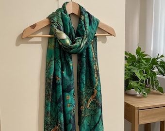 Emerald Green Silk-Feel Chiffon Scarf - Abstract Forest Print Wrap