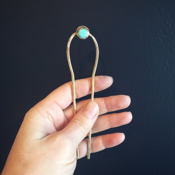 Turquoise Hair Fork // Gold // Hair Pin // Hair Stick // Tribal // Boho Chic // Hairpin // Raebird // Ready to Ship