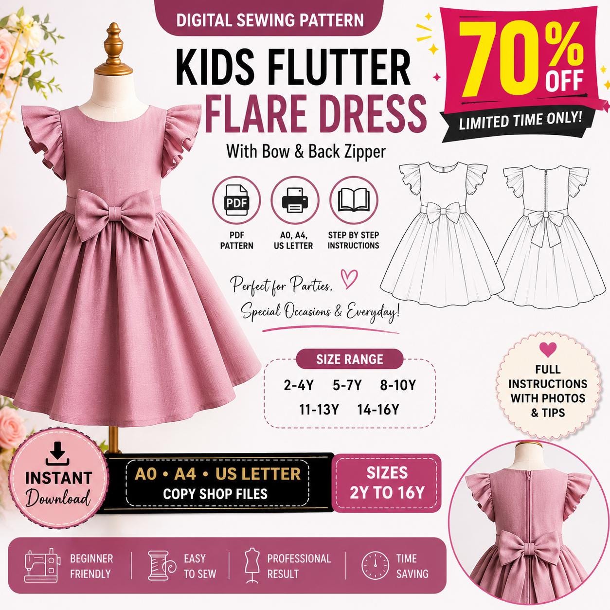20 Kids' Dress Patterns for Sewing Moms Who Don't Have All Afternoon 7 Girls Dress Sewing Pattern pdf Flutter Sleeve Dress Pattern Toddler…