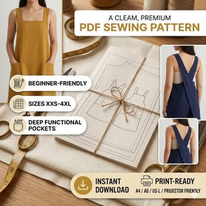 Könnte beinhalten: Ein PDF-Schnittmuster für eine Schürze mit tiefen Taschen, erhältlich in den Größen XXS-4XL. Das Paket enthält druckfertige Dateien für A4, A0 und US-Letter-Formate, mit einem anfängerfreundlichen Design und überkreuzten Trägern am Rücken.