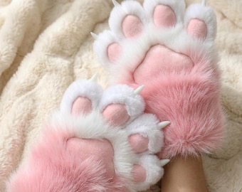 Faux Fur Animal Paw Gloves with Claws | Fluffy Fursuit Hand Paws | 3D Pink Paw Pads | Cosplay Cat Wolf Mittens | Kawaii Halloween Costume