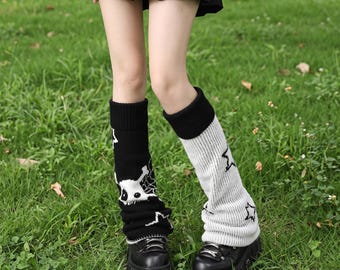 Y2K Reversible Knit Leg Warmers | Black and White Gothic Slouch Socks with Stars & Skull | Alt Punk E-Girl Grunge Calf Accessories