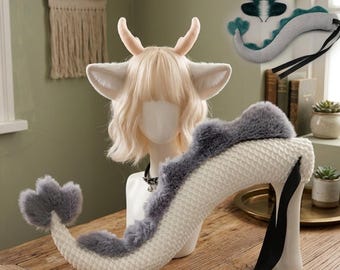 Fantasy Dragon Costume Set | Plush Horns and Tail | Faux Fur Mythical Creature Accessory |Cosplay Headband and Tail |Gift for Fantasy Lovers