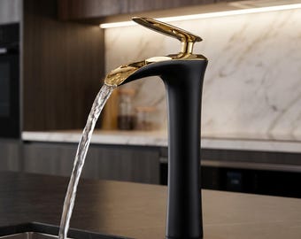 Matte Black & Gold Waterfall Basin Mixer Tap | Tall, Leaf-Shaped Spout | Modern Luxury Bathroom Faucet