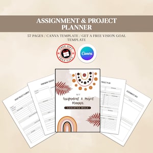 May include: An assignment and project planner with the text "ASSIGNMENT & PROJECT PLANNER" and "MY Assignment & Project Planner" is shown. The planner has a boho design with a rainbow and leaf accents. Several pages are visible, including a homework tracker and project plan.