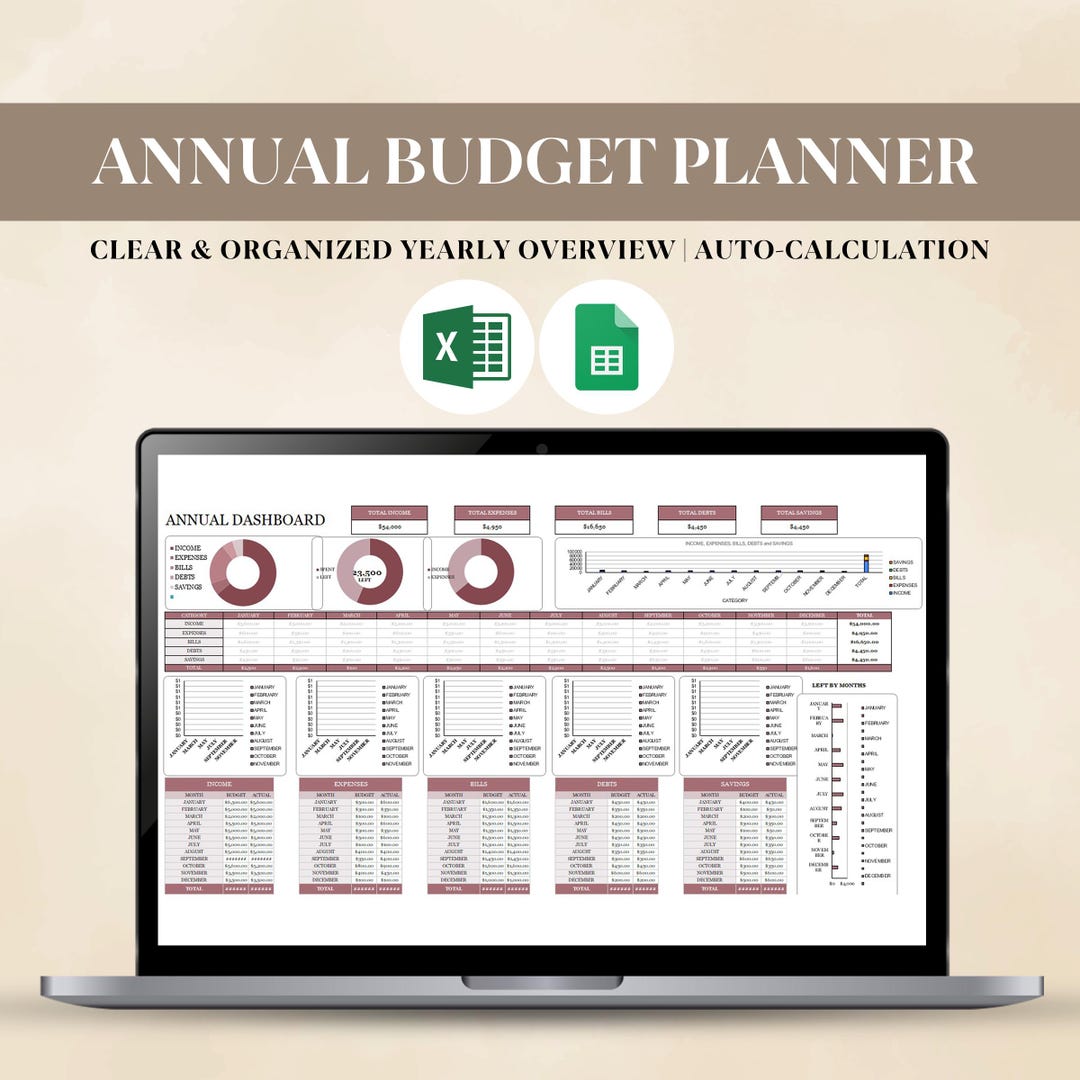 Annual Budget Spreadsheet Planner | Expense, Savings & Debt Tracker ...