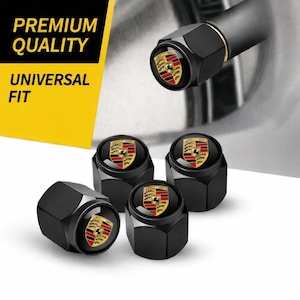May include: Black tire valve stem caps with the Porsche logo. The caps are hexagonal and feature a gold, red, and black emblem. The image also includes text that reads "PREMIUM QUALITY" and "UNIVERSAL FIT".