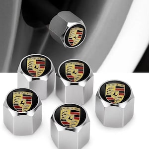 Porsche Silver Tire Valve Caps Metal Air Stem Covers Set of 5 for Cars Gift