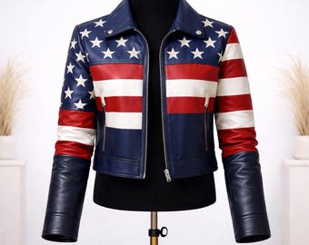 Handgefertigte Amerikanische Flagge Lederjacke Damen Slim Fit Biker Patriotic Style Mantel