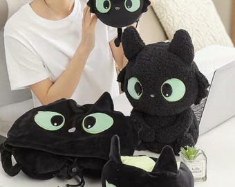 Almofada de pescoço de pelúcia de gato preto – Almofada de viagem fofa de desenho animado kawaii, almofada de apoio para o pescoço em formato de U para voos, carro e escritório.