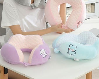 Almofada de viagem fofa em formato de U com coelhinho – Almofada de suporte macia em algodão PP para viagens e cochilos.