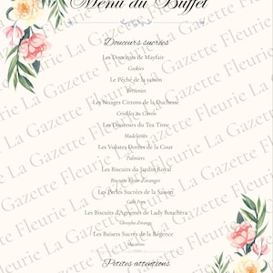 Afdrukbaar buffetmenu, elegante buffetposter, chique verjaardagsmenu, tafeldecoratie, afdrukbaar menu, bloemenbriefpapier