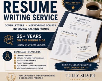 May include: A custom resume writing service advertisement featuring text that reads Custom Resume Writing Service, Cover Letters, Networking Scripts, Interview Talking Points, 25+ Years On The Hiring Side, and Tully Silver Career Tools.