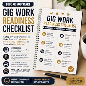 May include: A spiral-bound Gig Work Readiness Checklist with navy and gold text on a white background. The document features sections for vehicle and equipment, insurance, earnings, and scheduling, alongside a black pen on a wooden surface.