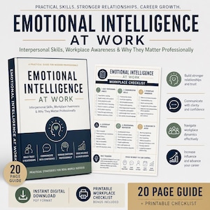 May include: A book titled "Emotional Intelligence at Work" with a matching checklist. The book cover is white and navy blue, with the title in large, bold letters. The image also includes icons and text about interpersonal skills and career growth.