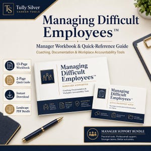 May include: A Managing Difficult Employees manager workbook and quick-reference guide bundle by Tully Silver. The set includes a 13-page workbook and a 2-page quick guide with dark blue and gold text on white paper, accompanied by a black pen.