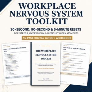Puede incluir: Una guía digital y libro de ejercicios de 15 páginas titulado The Workplace Nervous System Toolkit. La portada presenta texto azul oscuro sobre fondo blanco, con dos páginas interiores que muestran ejercicios de texto.